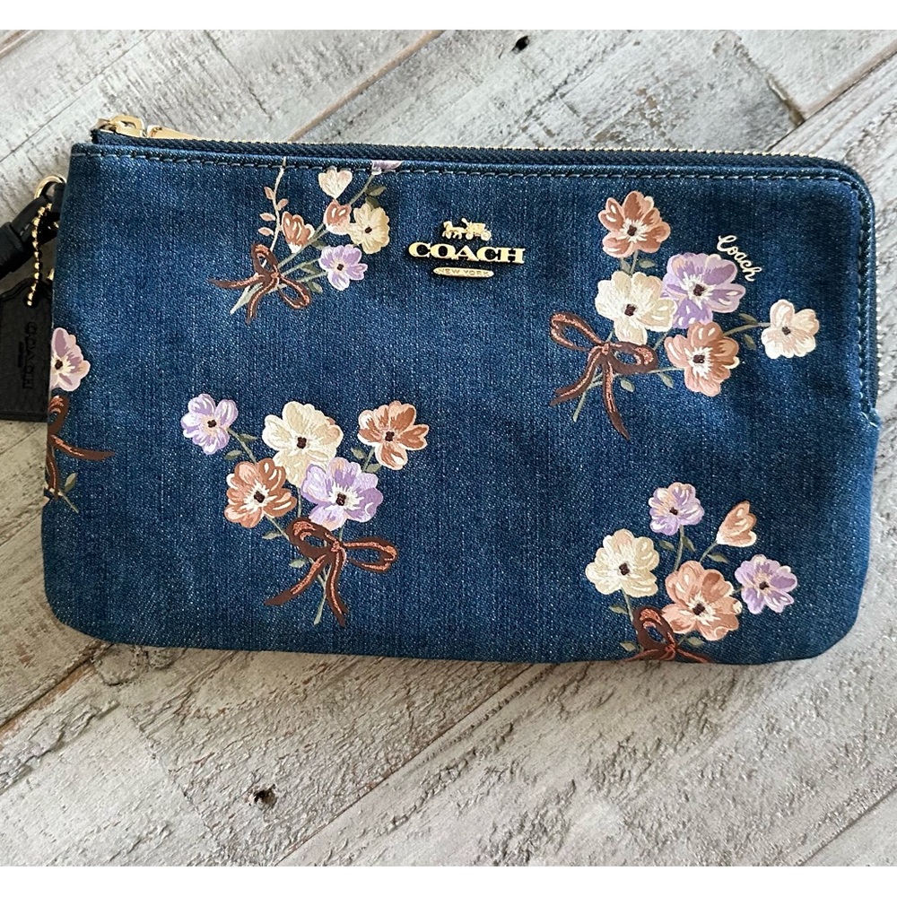 Coach denim/flower wristlet purse